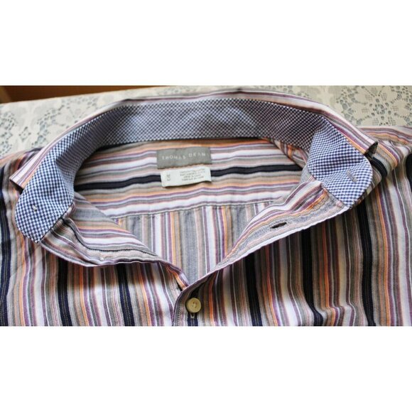 Thomas Dean Button Down Shirt Mens M Flip Cuff Orange Purple Stripe Cotton - Picture 5 of 9